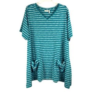 LOGO Teal Stripe Knit Blouse Sharkbite Pocket 2X